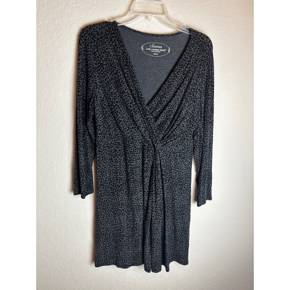 Soma Live Lounge Wear Leopard Print V Neck Twist Front dress Women Medium Gray